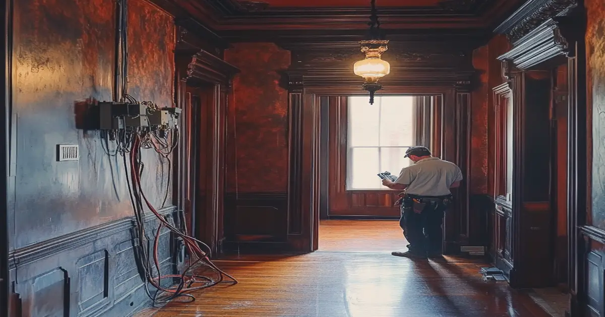 Electrician inspecting old electrical systems in a historic home