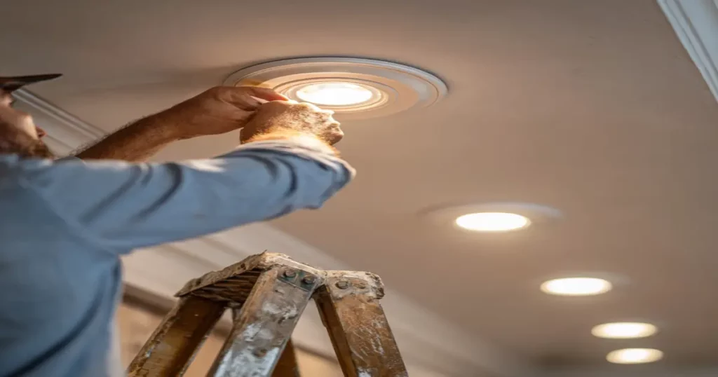 Electrician installing modern recessed lighting in Alpharetta home