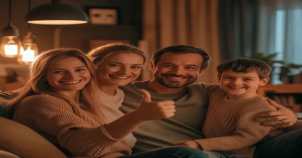 A happy family in their living room, lights on, giving a thumbs-up to the camera, representing satisfied customers of Mr Dee’s Electric Service.