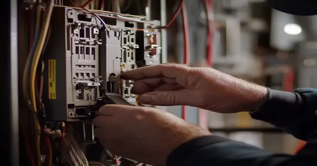 Close-up shot of an electrician’s hands from Mr Dee’s Electric Service carefully repairing a circuit breaker in a residential setting