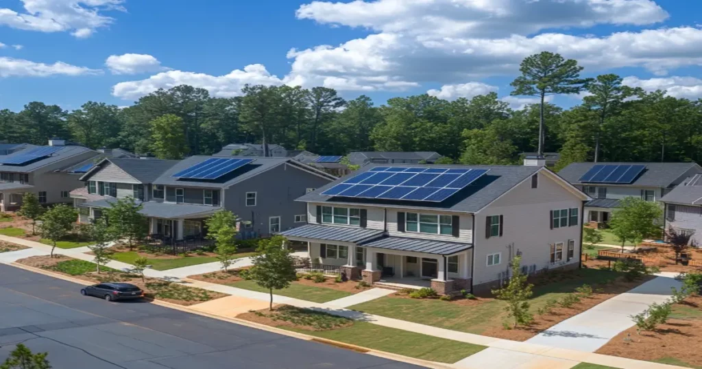 Columbus, GA homes with rooftop solar panels under a bright sun