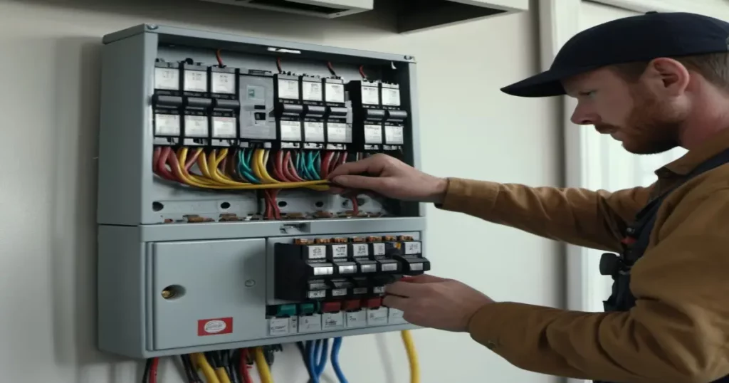 Electrician performing fuse box examination for preventative maintenance.