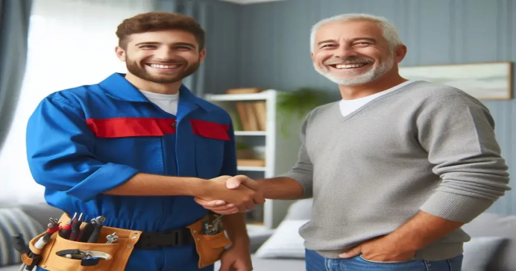 A happy homeowner shaking hands with a Mr Dee’s Electric Service electrician.
