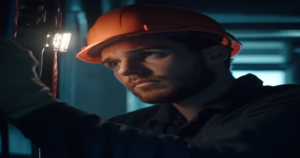 An electrician from Mr Dee’s Electric Service responding to an emergency call at night.