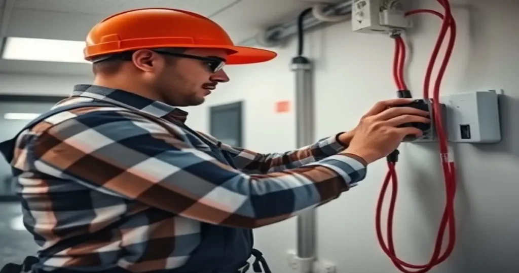 An electrician performing an electrical safety inspection in a Columbus, GA office.