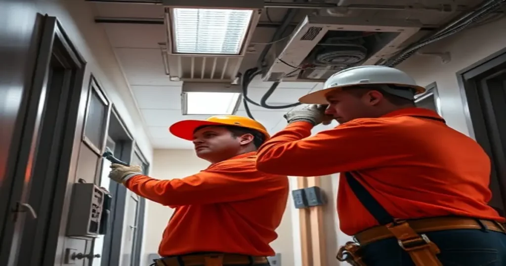 Electricians performing commercial electrical services in a Columbus, GA office building.