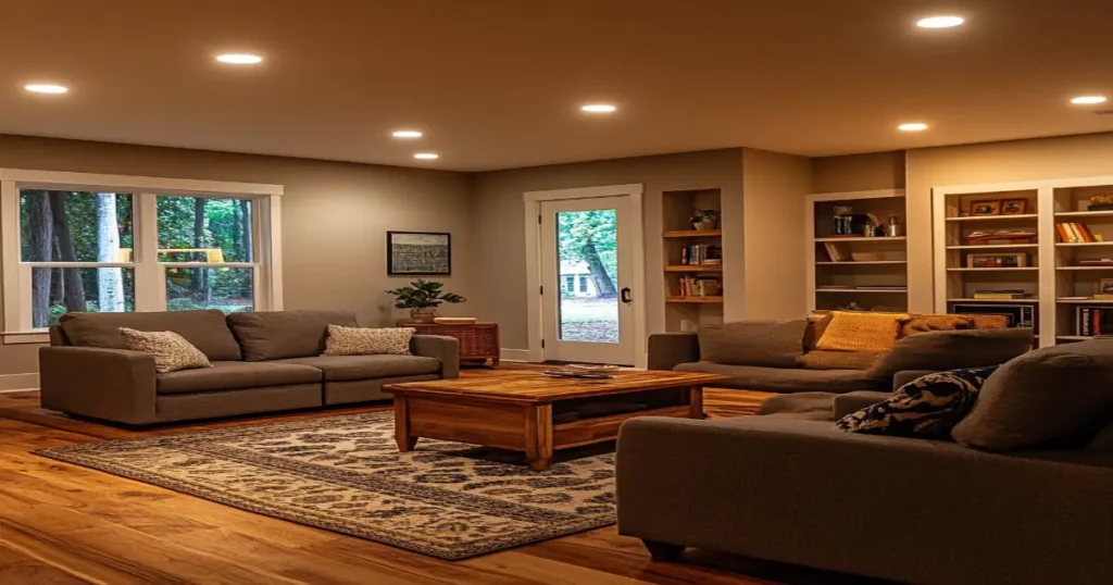 A cozy living room in Columbus, GA with modern LED lighting installed, showcasing energy-efficient bulbs.