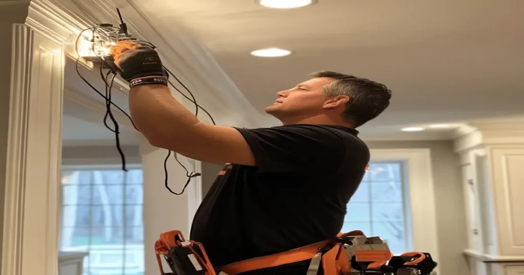A professional electrician from Mr Dee’s Electric Service installing LED fixtures in a Columbus home.