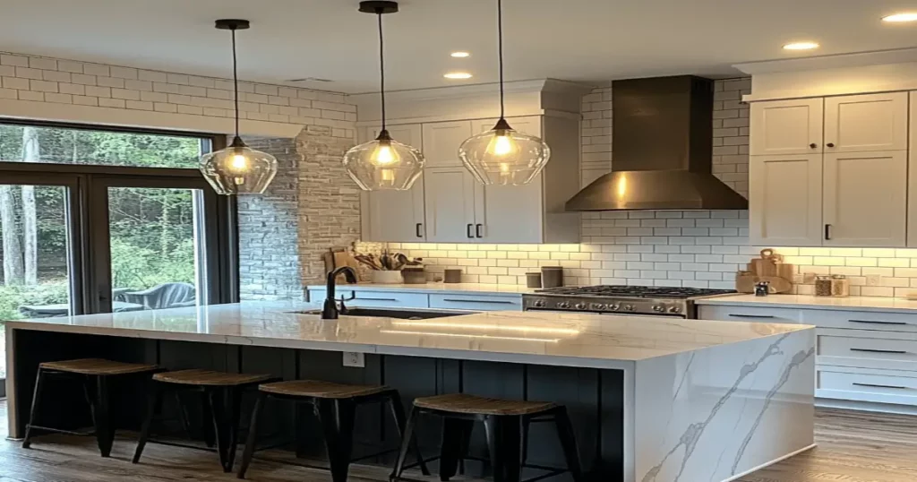 A stylish kitchen in Columbus, GA with pendant LED lights and modern lighting fixtures installed by Mr Dee’s Electric Service.