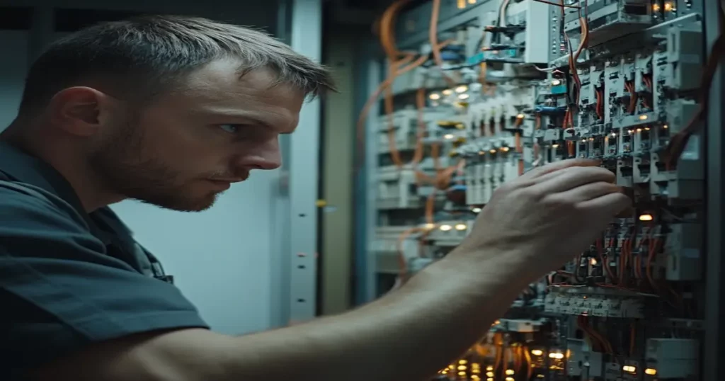 Electrician inspecting an electrical panel to ensure safety and functionality.