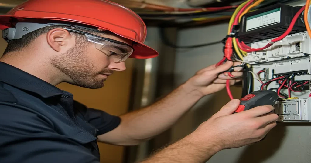 Electrician inspecting energy-efficient wiring with advanced tools in Columbus, GA