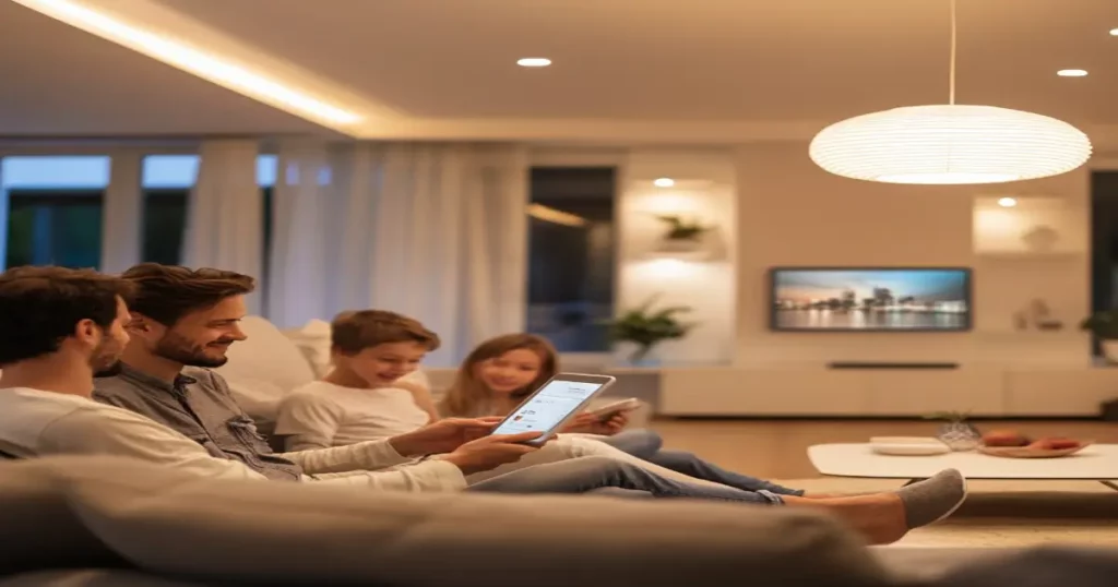 Energy-efficient home in Columbus, GA, with a family using smart devices seamlessly.