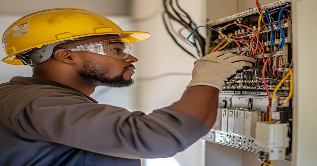 Licensed electrician inspecting an electrical panel in an Atlanta home.