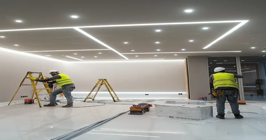 Mr. Dee’s team installing energy-efficient LED lighting in a Sandy Springs office.