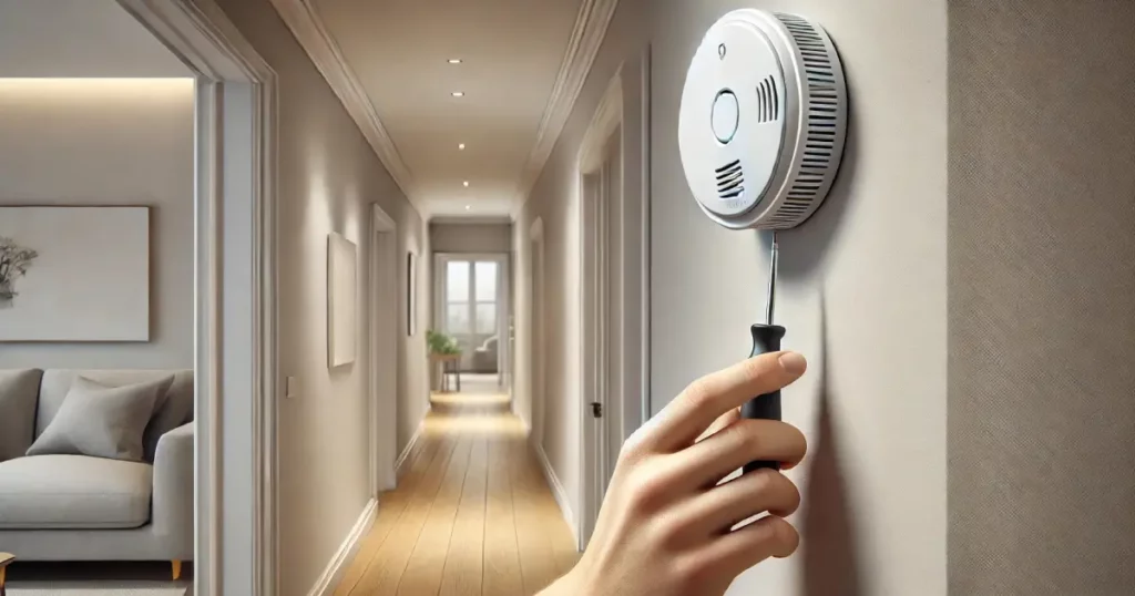 A close-up view of a hand installing a carbon monoxide detector on a hallway wall in a modern home.