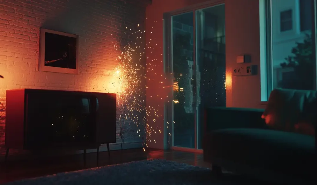 A detailed photo of an electrical power surge in a home interior at dusk, with lights flickering and a sparking wall outlet, indicating a power surge.