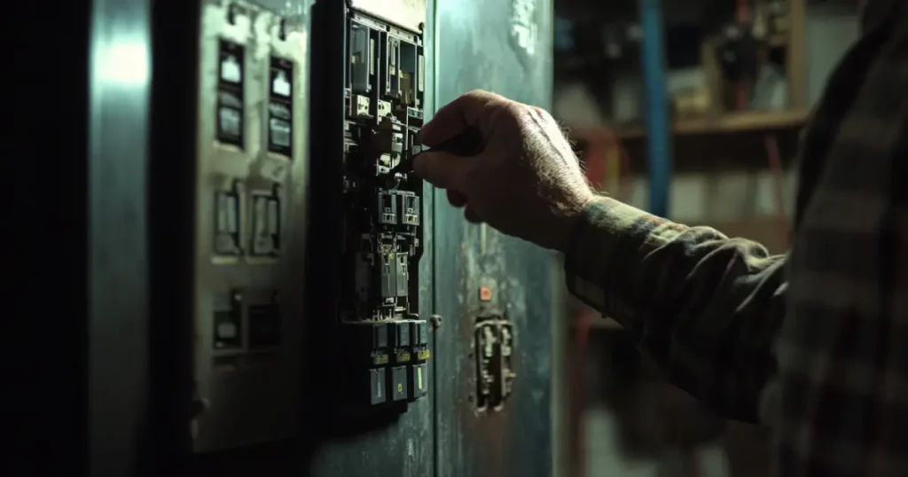 A homeowner resetting a tripped breaker inside an older electrical panel