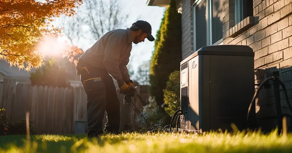A professional electrician installing a standby generator outside a home, illustrating backup power solutions.