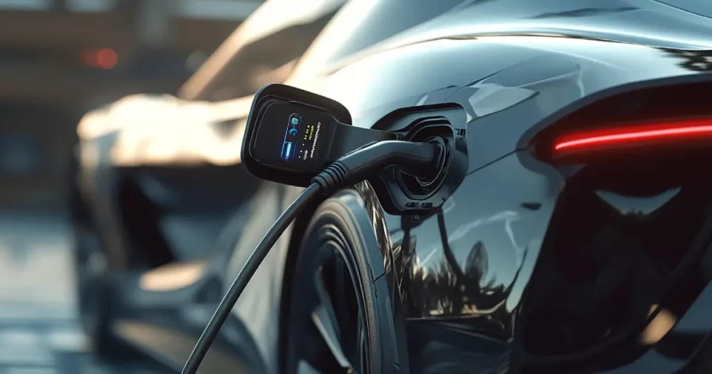 Close-up view of an EV charger and cable plugged into an electric vehicle