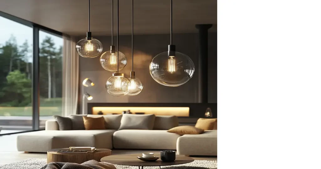 Assorted LED light bulbs illuminating a modern living room