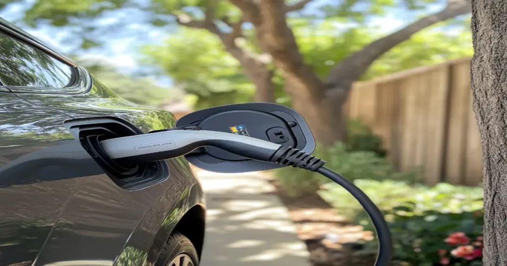 Electric vehicle plugged into a residential EV charger in a driveway