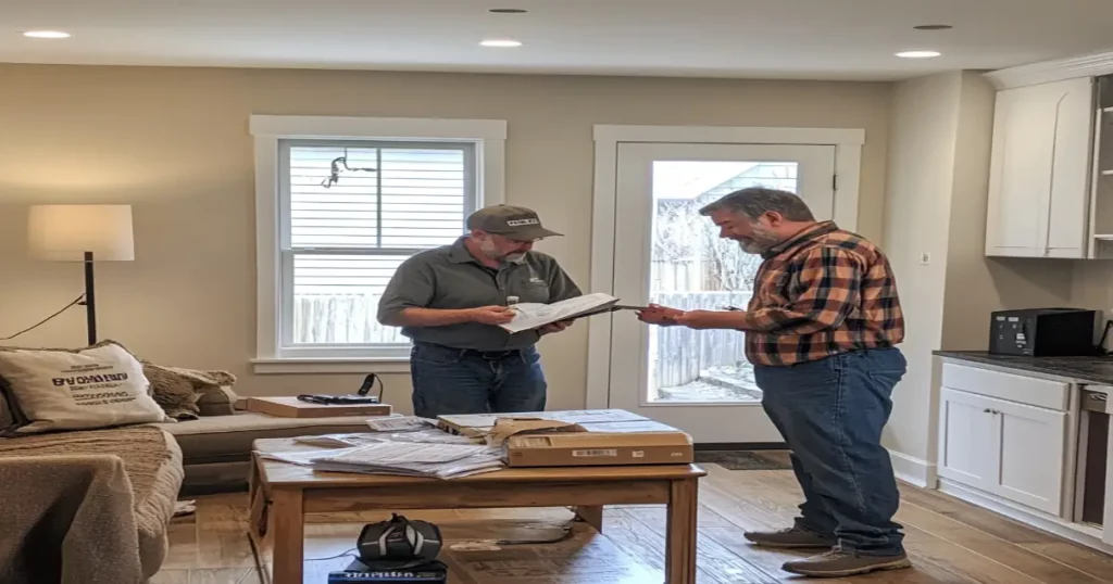 Homeowner and electrician discussing the scope of an electrical project in a living room.
