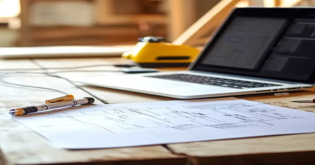 Several electrician quotes on a table with a laptop and pen, ready for comparison.