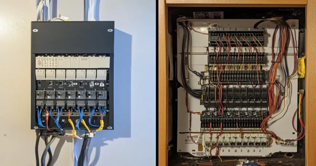 Side-by-side comparison of a modern breaker panel and an older fuse box.