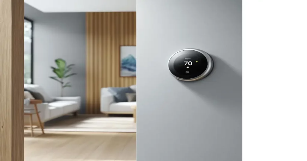 Smart home thermostat and voice assistant controlling a modern living space