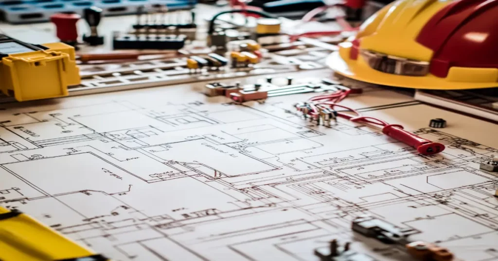 close-up of an electrician’s toolkit with safety equipment and circuit diagrams.