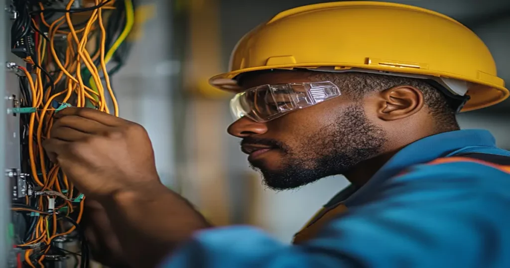 Close-up of electrician verifying wiring meets code