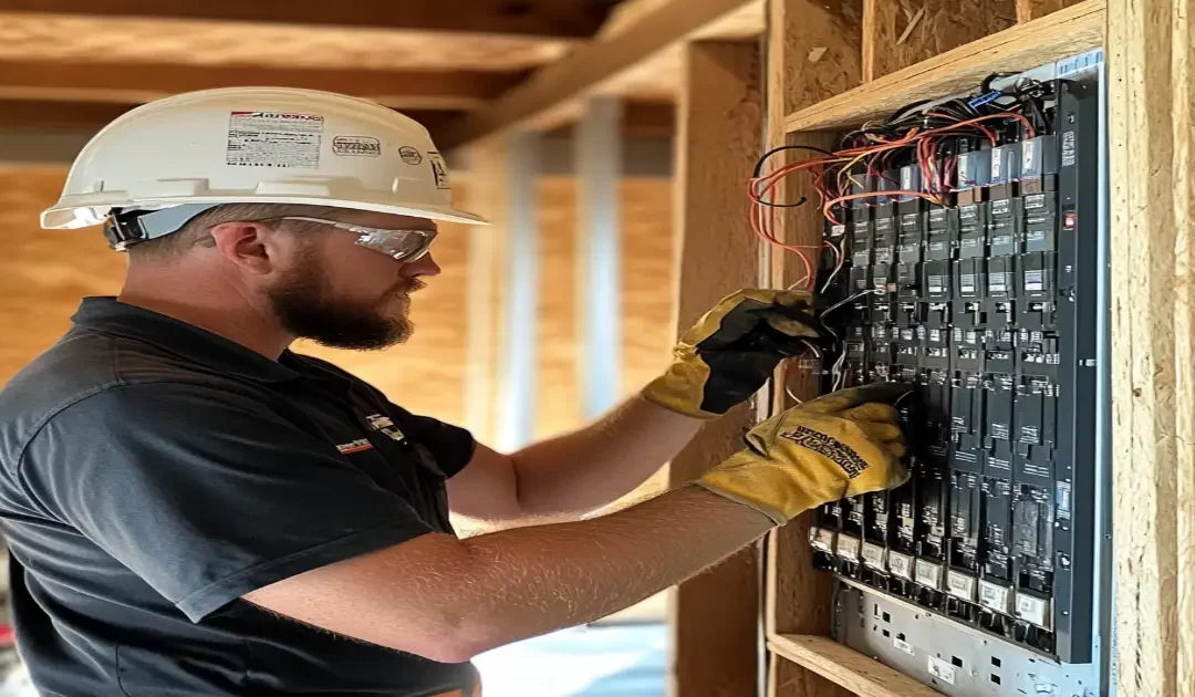 Licensed electrician servicing a home breaker panel in Douglas, GA