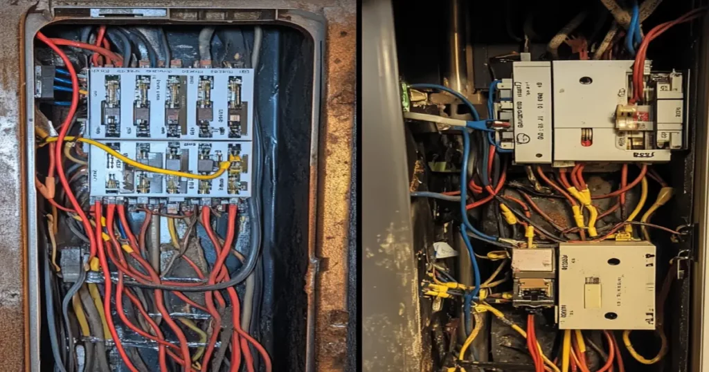Side‑by‑side of unsafe DIY wiring and certified repair by a licensed pro