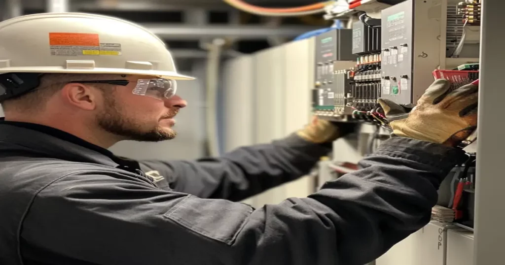 Technician performing preventive breaker maintenance
