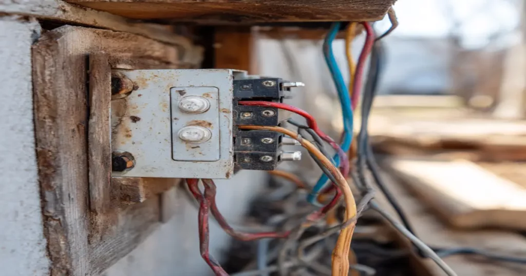 Close-up of unsafe DIY electrical wiring near a live junction box, illustrating shock and electrocution risks without proper safety.