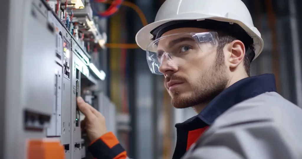 Electrician checking breaker panel with thermal camera
