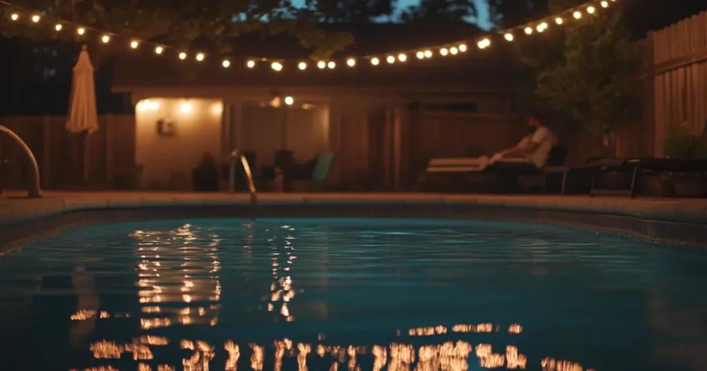 Electrician servicing outdoor wiring near illuminated pool
