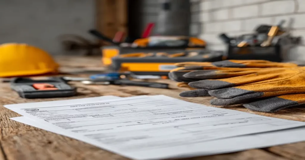 Electrician’s insurance documents with tools and gloves on a workbench