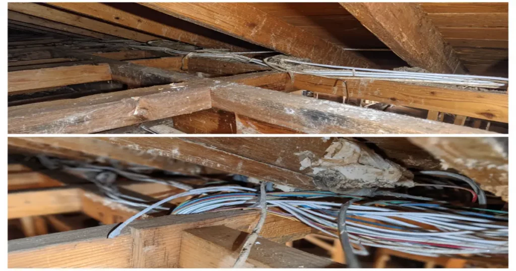 Hidden DIY electrical errors in an attic—non-compliant splices, missing protection, and absent permits that lead to costly repairs.