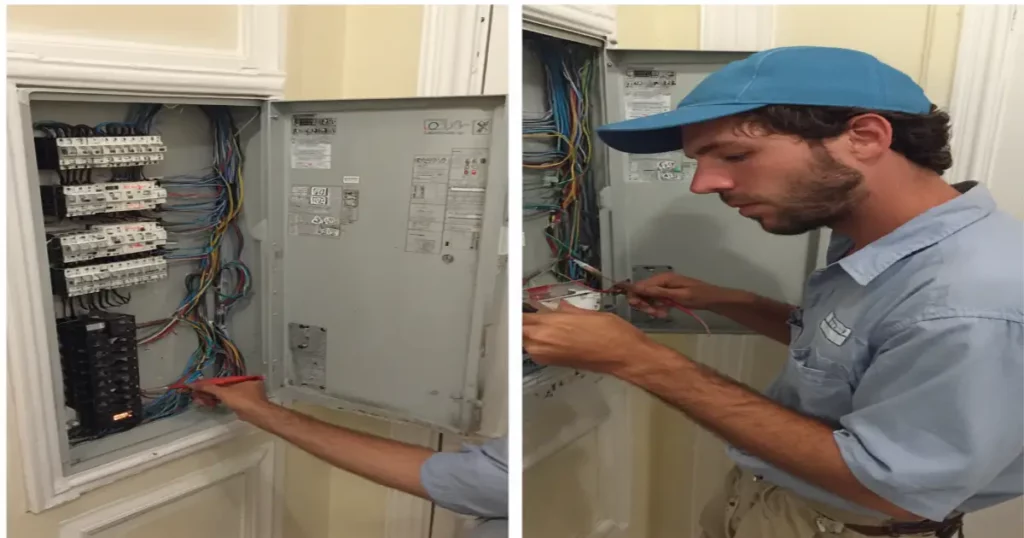 Licensed electrician completing a code-compliant panel with permits and inspection approval—safe alternative to DIY electrical work.
