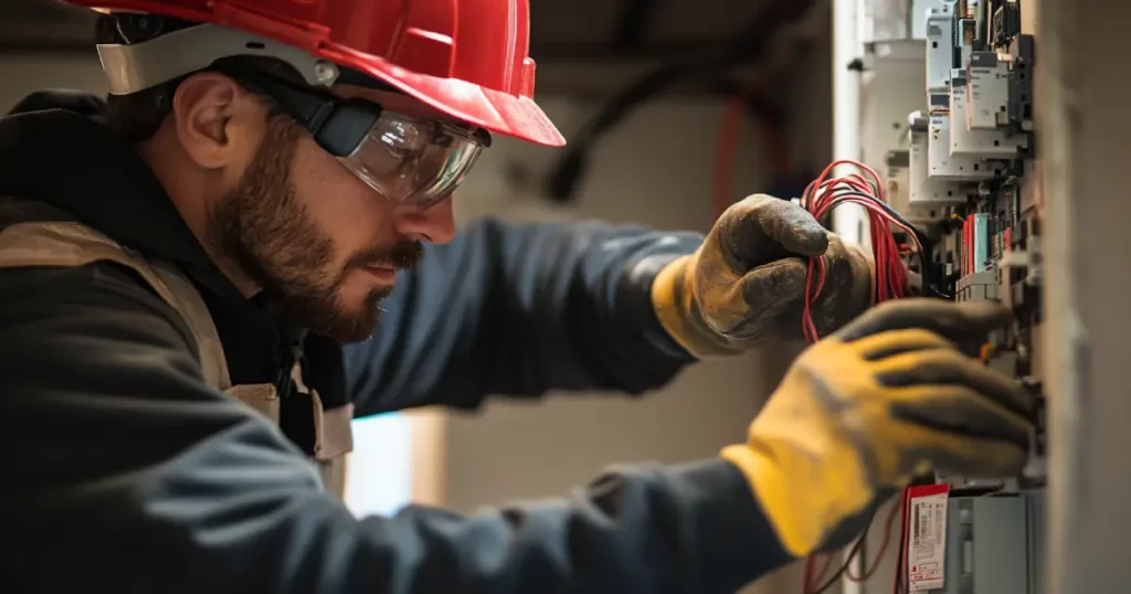 Licensed electrician installing breaker panel with code-compliant permits