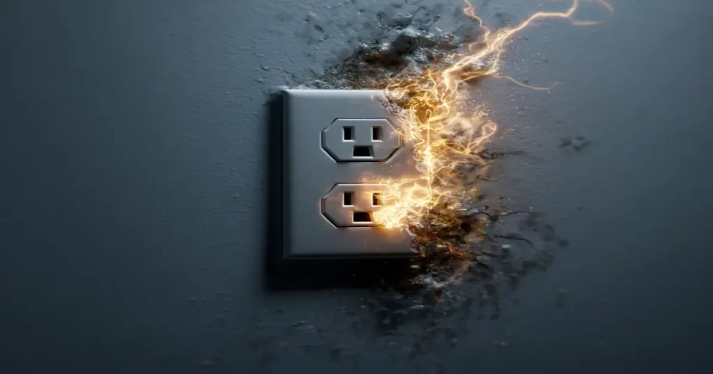 Overheated outlet and overloaded circuit showing electrical fire risk and why water makes electrical fires more dangerous.