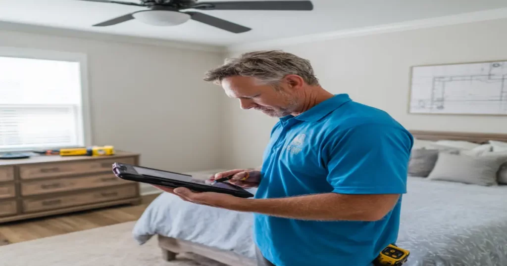 Albany GA ceiling fan installer measuring room size and recommending correct fan diameter.