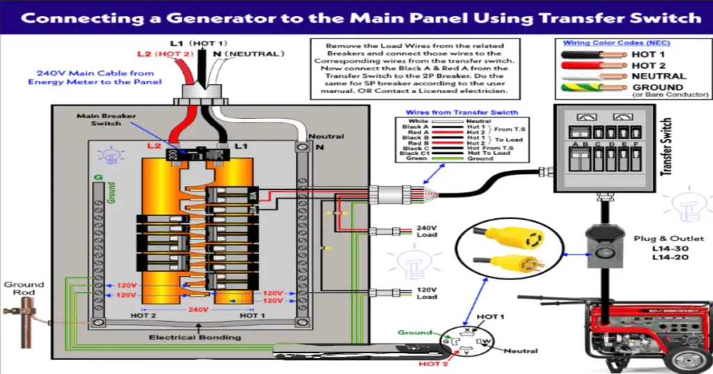 Close-up of generator transfer switch wired to home electrical panel with warning labels