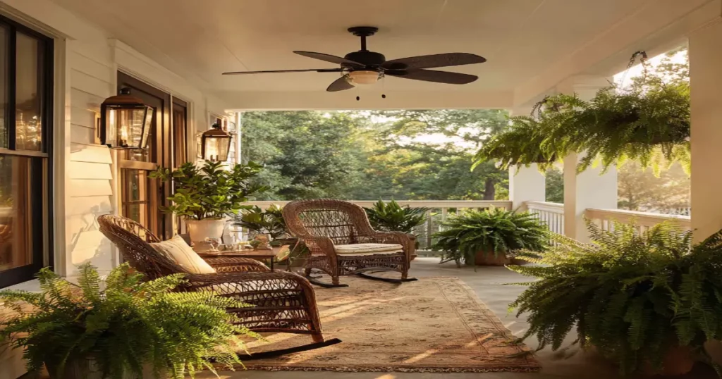 Outdoor ceiling fan installation Albany on a Southern porch with a damp-rated fixture.