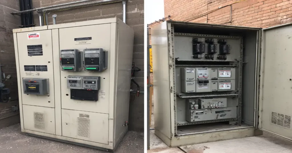 Side-by-side view of manual and automatic generator transfer switches in action