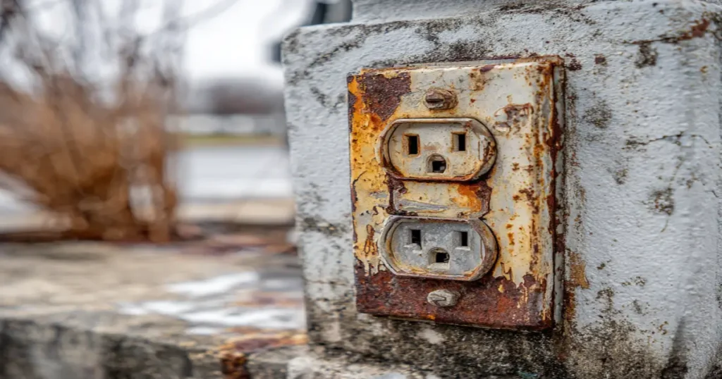 Corroded outdoor outlet with water intrusion and rust causing GFCI trip