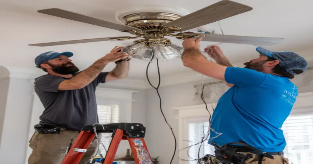 Mr Dee’s Electric Service electricians replacing ceiling fans in a modern Jonesboro home.