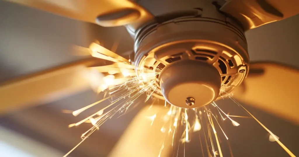 Noisy ceiling fan motor showing vibration and wiring issues.