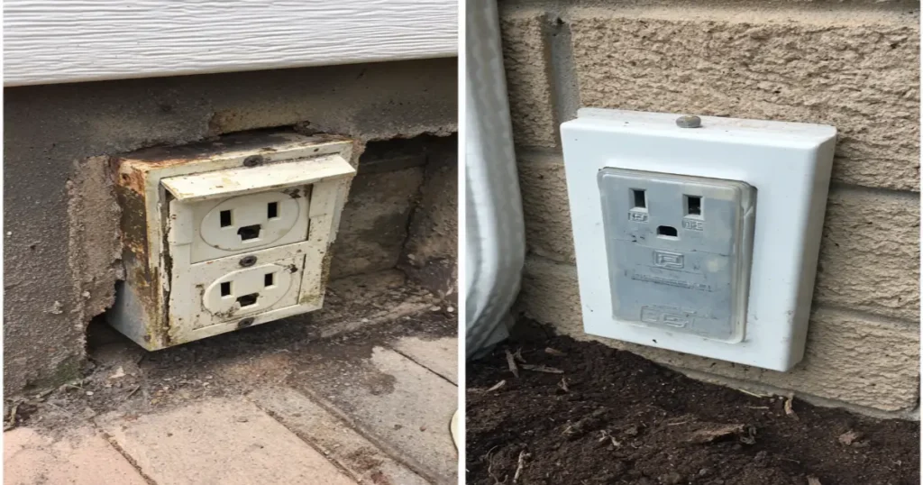 Old worn-out GFCI outlet next to new weather-resistant WR outdoor GFCI replacement